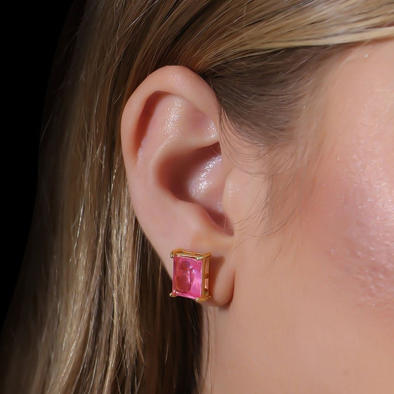 Brinco Dourado de Pedra Retangular Rosa Davyma