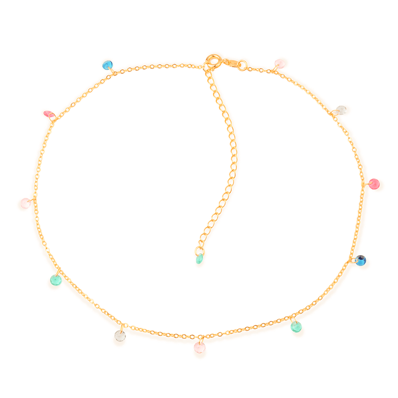 Colar Dourado Chocker Pontos de Luz Coloridos Cristais Davyma