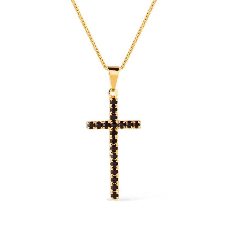 Colar Dourado de Cruz Cravejado de Pedra Natural Negra Davyma