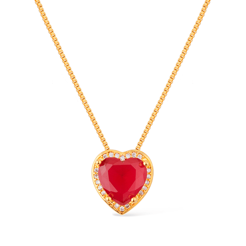Colar Dourado de Pedra Natural Vermelha Coração Cravejado de Zircônia Davyma