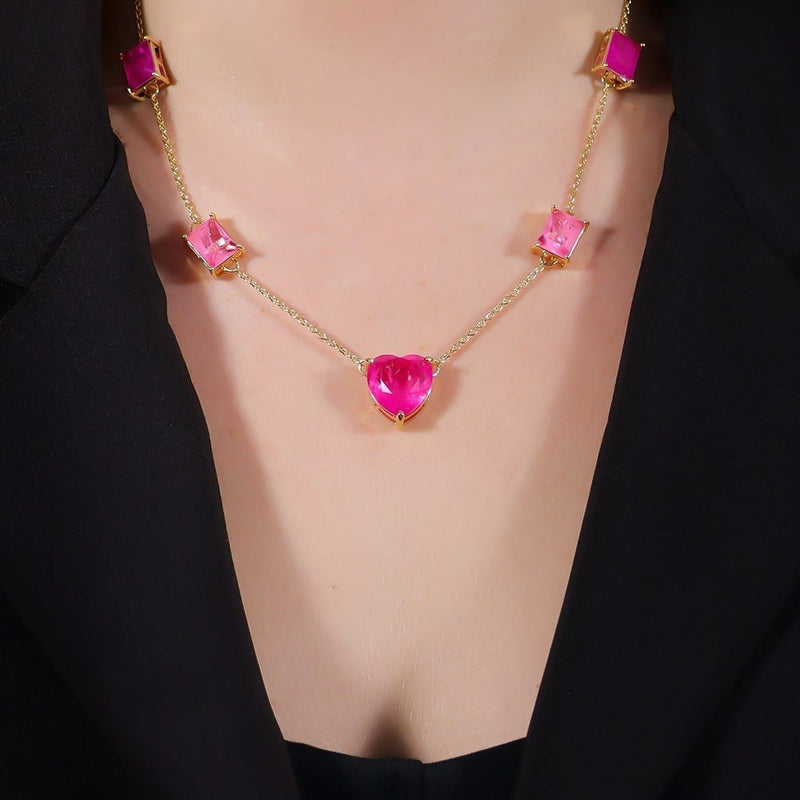 Colar Dourado de Pedras Coração e Retângulos Rosas Davyma