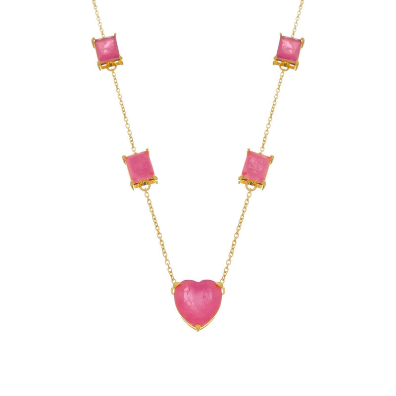 Colar Dourado de Pedras Coração e Retângulos Rosas Davyma
