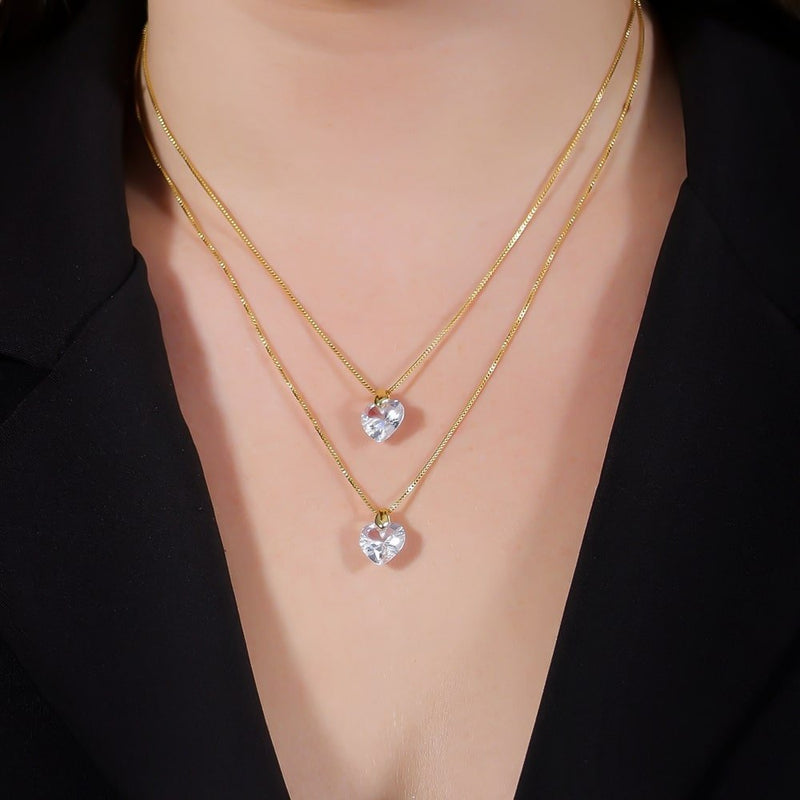 Colar Dourado Duplo de Coração em Cristal Davyma