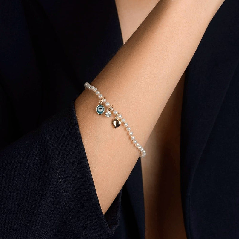Pulseira Dourada de Pérolas com Olho Grego Coração e Ponto de Luz Davyma