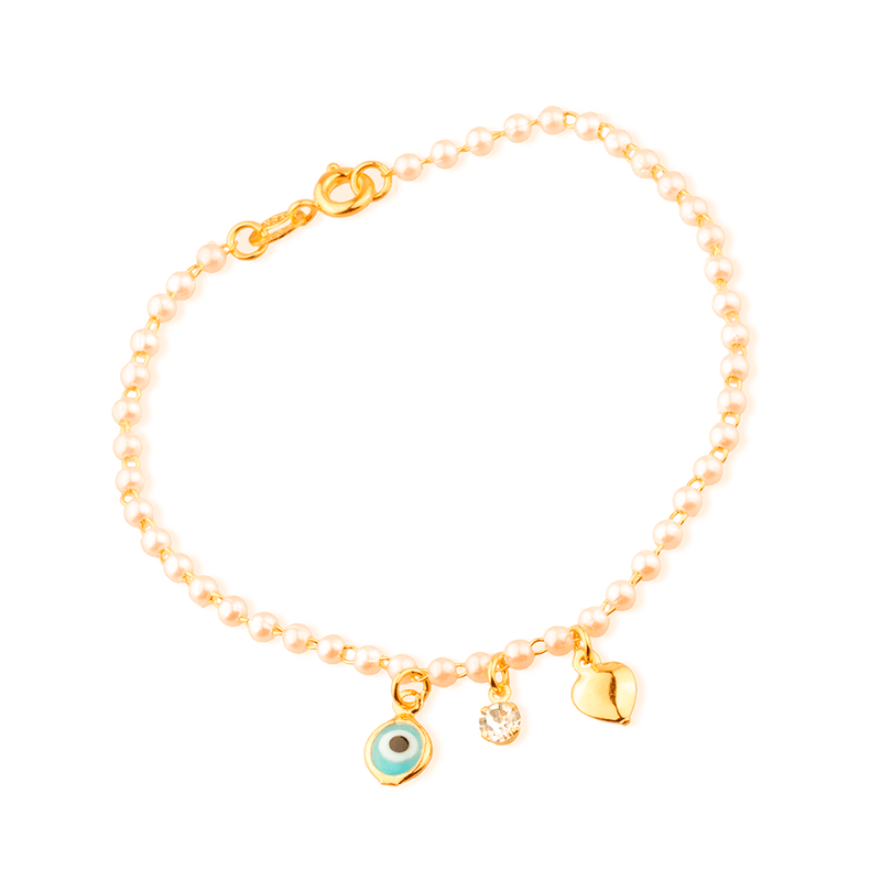 Pulseira Dourada de Pérolas com Olho Grego Coração e Ponto de Luz Davyma