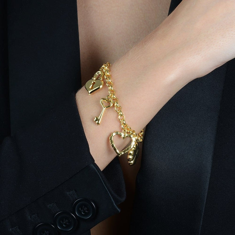 Pulseira Dourada Elo Português com Coração, Cadeado, Trevo e Chave Davyma