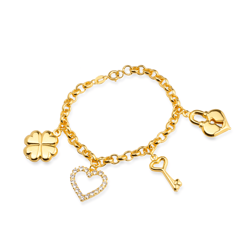 Pulseira Dourada Elo Português com Coração, Cadeado, Trevo e Chave Davyma