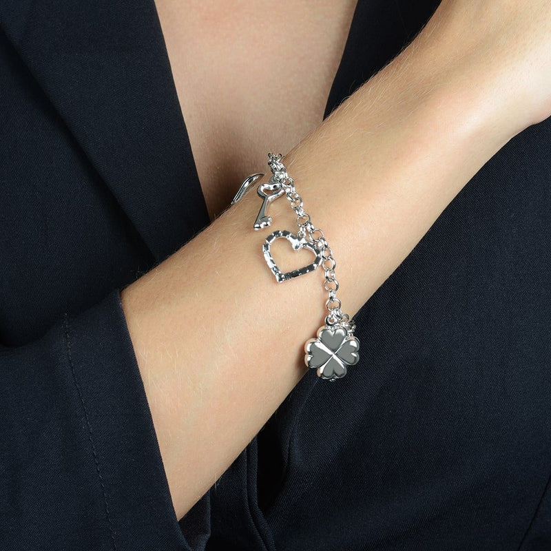 Pulseira Prateada Elo Português com Coração, Cadeado, Trevo e Chave Davyma
