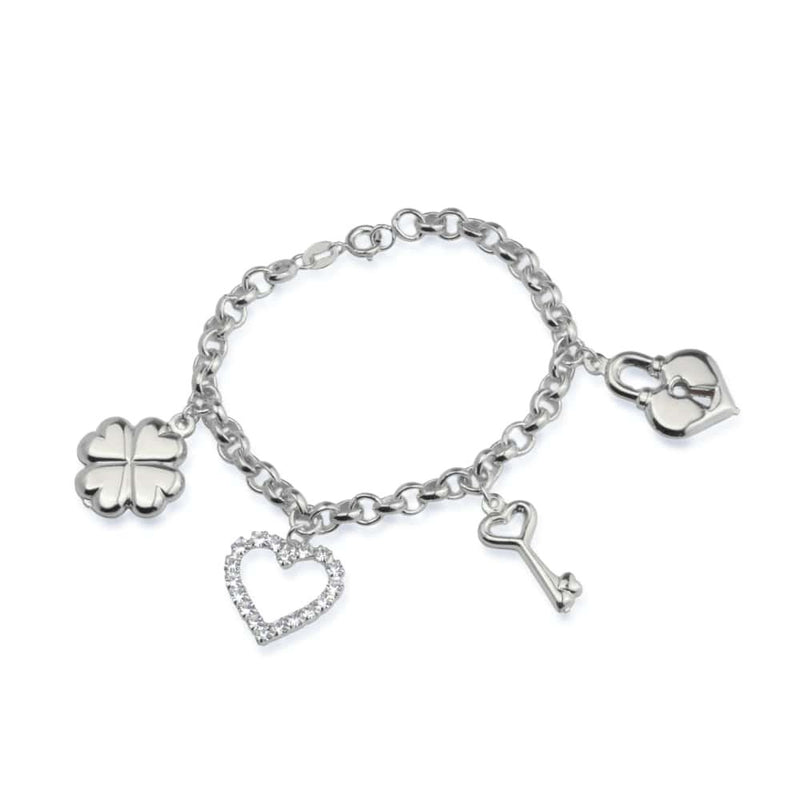 Pulseira Prateada Elo Português com Coração, Cadeado, Trevo e Chave Davyma